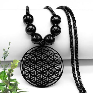 Black Stainless Steel Flower of Life Mandala Metatron Pendant Necklace | Unisex Necklace Gift for Him or Her