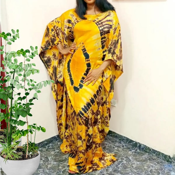 Two-Piece Silk Tie and Dye Kaftan Dress | African Silk Adire Boubou and Scarf | Summer Plus Size Maxi Dress - Beach Cover-up Loungewear