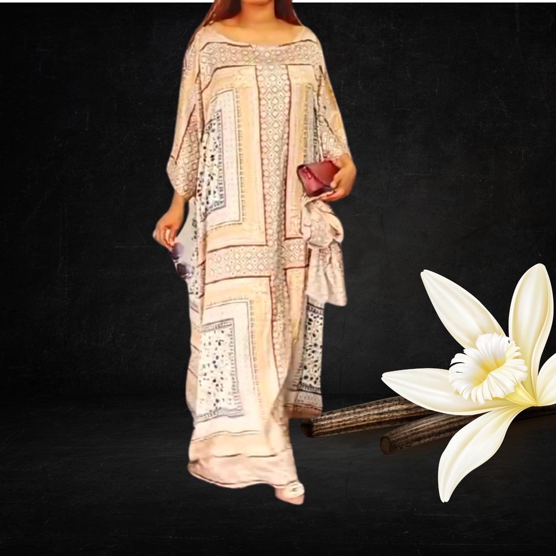 Black Botanica Italian Silk Maxi Kaftan Dress On Back Order 4-6 weeks