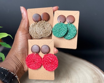 Handwoven Jute Drop Earrings: Boho Wood Studs, Statement Cord