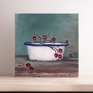 Olieverfschilderij titel Rosehip, Daily Painting, handgemaakt, olieverfschilderij op MDF-plaat 20 x 20 cm