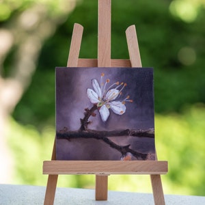Titel olieverfschilderij "Spring Awakening", dagelijks schilderij, handgemaakt, sleedoornbloesem, olieverf op MDF-plaat 15 x 15 cm