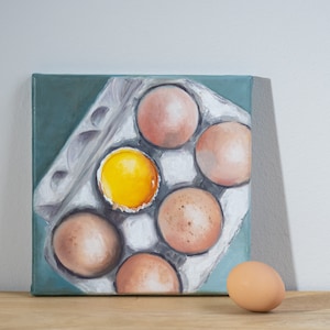 Titel olieverfschilderij "Eggs in a box", dagelijks schilderij, handgemaakt, olieverf op MDF-plaat 20 x 20 cm