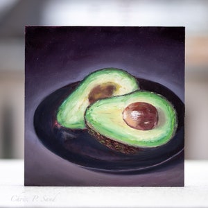 Olieverfschilderij "Avocado", Daily Painting, handgemaakt, olieverfschilderij op MDF-plaat 15 x 15 cm