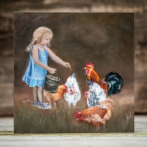 Titel van het olieverfschilderij "Zet... zet... zet!" Kippen voeren, dagelijks schilderen, handgemaakt, olieverf op MDF-plaat 20 x 20 cm, klein formaat olieverfschilderij