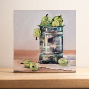 Olieverfschilderij "Kruisbessen", dagelijks schilderij, handgemaakt, olieverfschilderij op MDF-plaat 15 x 15 cm, klein formaat olieverfschilderij in frisse kleuren
