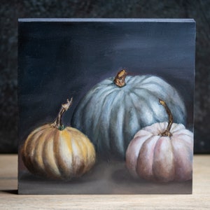 Olieverfschilderij "Pompoen II", dagelijks schilderij, handgemaakt, olieverf op MDF-plaat 15 x 15 cm, klein formaat schilderij