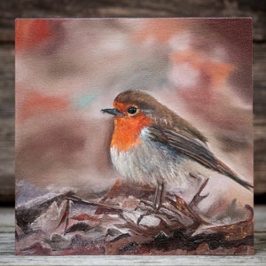 Olieverfschilderij "Foraging" - Robin, dagelijks schilderen, handgemaakt, olieverf op MDF-plaat 15 x 15 cm