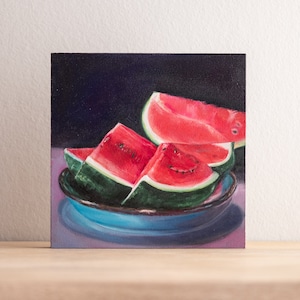 Olieverfschilderij Titel Heerlijke Meloen, Dagelijks Schilderen, Handgemaakt, Olieverf op MDF-plaat 15 x 15 cm