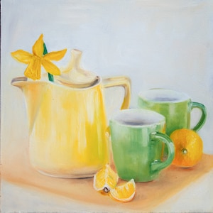 Titel olieverfschilderij "From the Kitchen" - oud ontmoet nieuw, dagelijks schilderen, handgemaakt, olieverf op MDF-plaat 20 x 20 cm, klein formaat schilderij