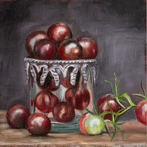 Titel olieverfschilderij "BlackCherry", dagelijks schilderij, handgemaakt, olieverfschilderij op MDF-plaat 15 x 15 cm, uniek voor de keuken, hedendaagse kunst