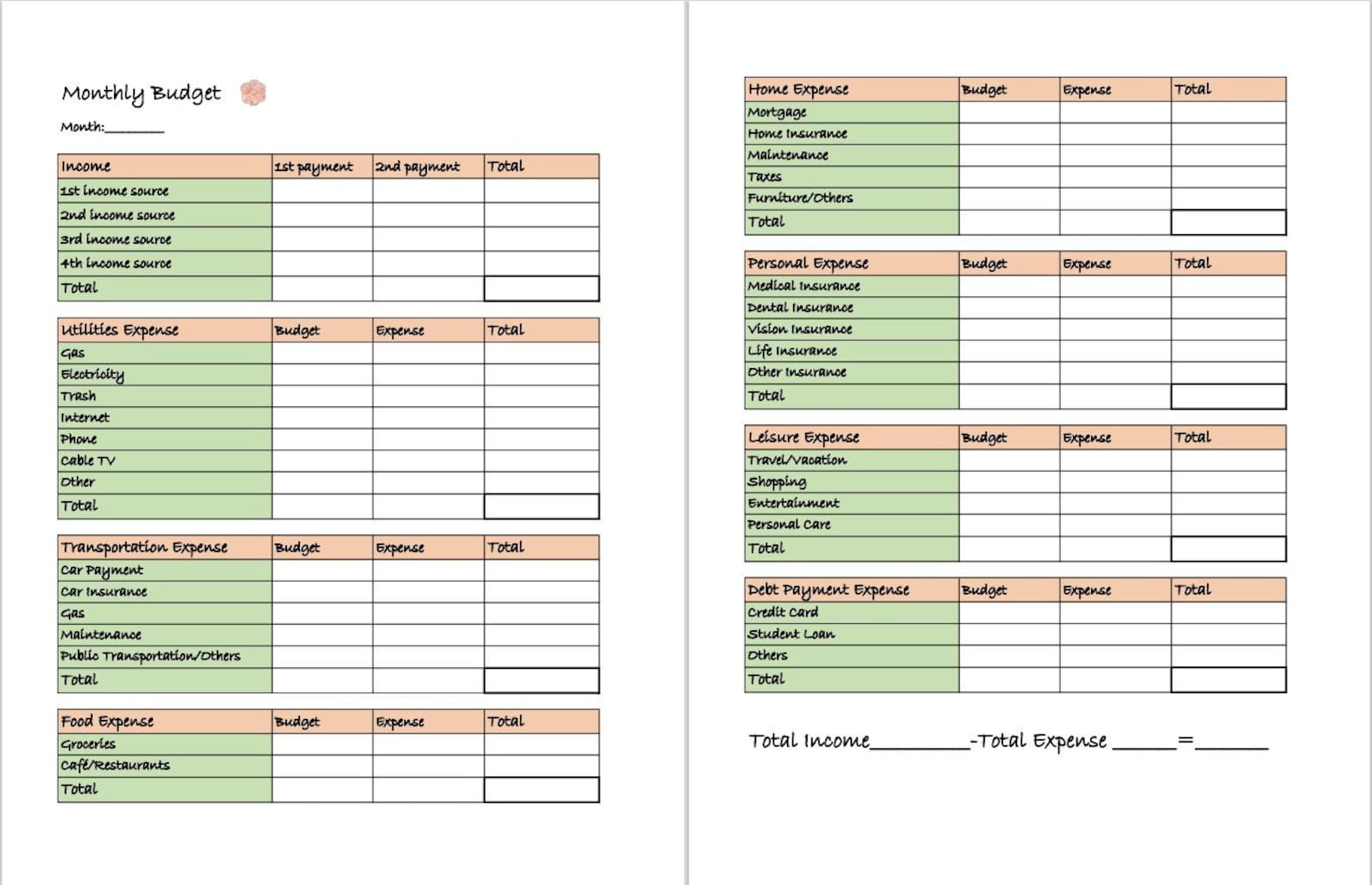 Printable Monthly Budget Sheet Template Planner in PDF Manage Your ...