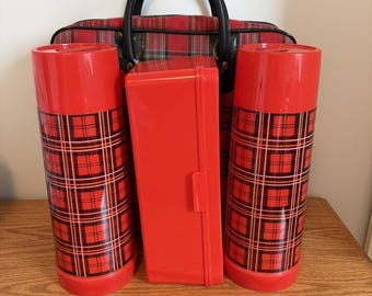 Aladdin Picnic Set Two Tartan Plaid Thermos Sandwich Box Carry Case