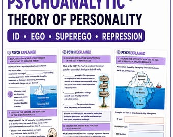 May include: A digital educational worksheet titled Psych Explained Freud's Psychoanalytic Theory of Personality. It features sections on the id, ego, and superego with fill-in-the-blank exercises, an iceberg diagram, and illustrations of scales.