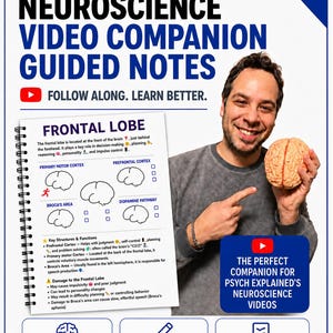 Könnte beinhalten: Ein spiralgebundenes Notizbuch mit dem Titel Neuroscience Video Companion Guided Notes, das eine Seite über den Frontallappen mit Diagrammen und Text zeigt. Das Cover enthält den Text Psych Explained, Best Seller und Follow Along. Learn Better.