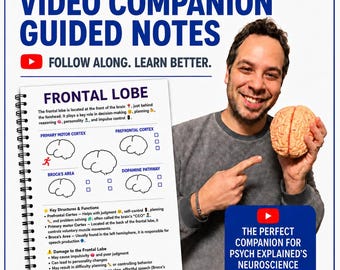 May include: A spiral-bound notebook titled Neuroscience Video Companion Guided Notes with a page about the frontal lobe, featuring diagrams of brain structures, fill-in-the-blank sections, and text about key structures and functions.