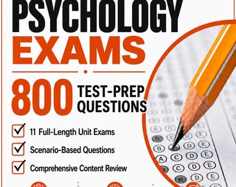 May include: A white book cover titled Introduction to Psychology Exams 2026 Edition with orange text and accents. It features 800 test-prep questions, 11 full-length unit exams, scenario-based questions, and a content review with a pencil on a bubble sheet.