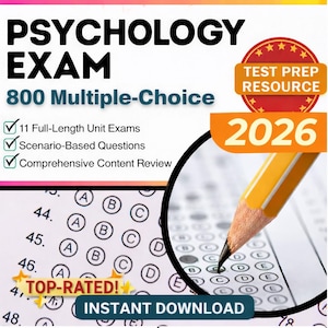 May include: An advertisement for a psychology exam study resource. The image features the text "PSYCHOLOGY EXAM" and "800 Multiple-Choice." Other details include "11 Full-Length Unit Exams," "Scenario-Based Questions," and "Comprehensive Content Review."