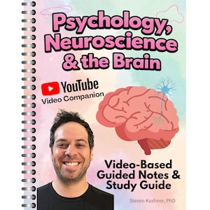 Pode incluir: Um guia de estudo com espiral intitulado "Psicologia, Neurociência e o Cérebro". A capa apresenta uma ilustração de cérebro de desenho animado, o logotipo do YouTube e o texto "Notas guiadas e guia de estudo baseadas em vídeo."