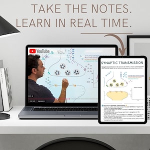 May include: A laptop and a tablet displaying educational content about synaptic transmission. The laptop shows a YouTube video of a person drawing a diagram, while the tablet displays a document titled Synaptic Transmission with text and graphics.