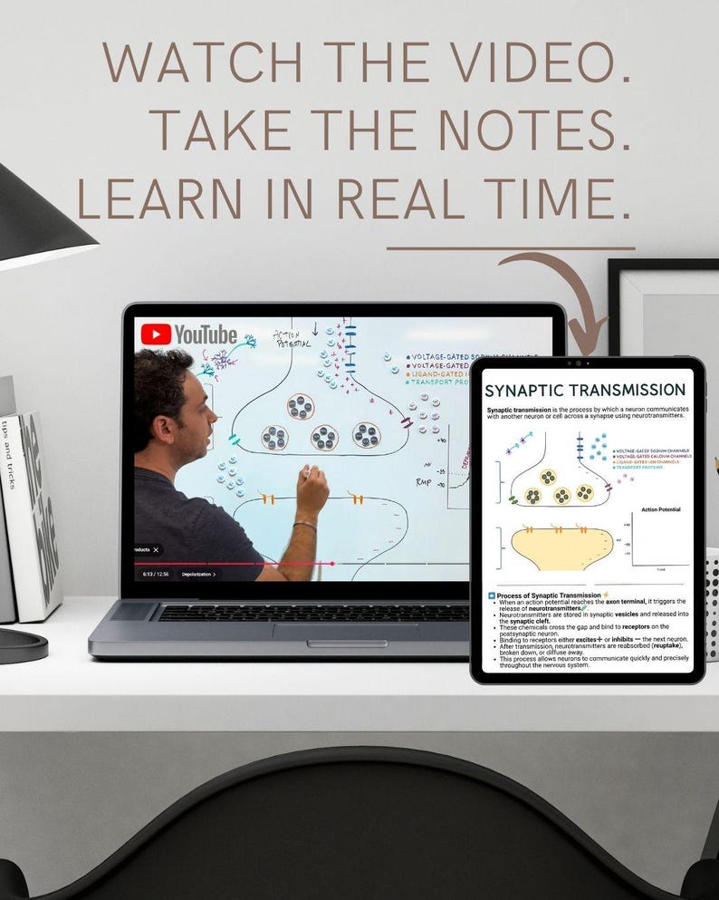 May include: A laptop and a tablet displaying educational content about synaptic transmission. The laptop shows a YouTube video of a person drawing a diagram, while the tablet displays a document titled Synaptic Transmission with text and graphics.