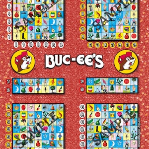 May include: A red glitter background featuring four grid-based game boards with various colorful illustrations, numbered lists along the sides, and the text BUC-EE'S centered between two circular logos depicting a cartoon beaver wearing a red cap.