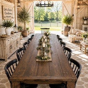 May include: A long rectangular wooden dining table with a dark brown finish, surrounded by black spindle-back chairs. A burlap table runner features a centerpiece of white candles in glass holders, greenery, and small white flowers.