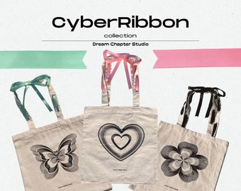 Cyber Ribbon Tragetasche | Y2K Cybercore Aesthetic, geschnürt Tasche, Whimsigoth, Coquette Tragetasche, Acubi Style, Ribbon Tote | Traumkapitel Studio
