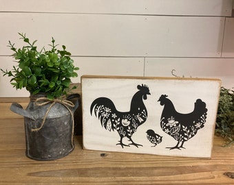 Floral chicken, rooster, chick wood sign- farmhouse - gift- home decor
