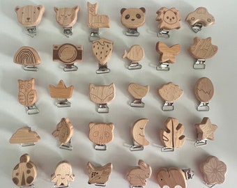 Clips de chaîne de sucettes, clips en bois, clips en bois avec gravure laser, clips, chaîne de sucettes