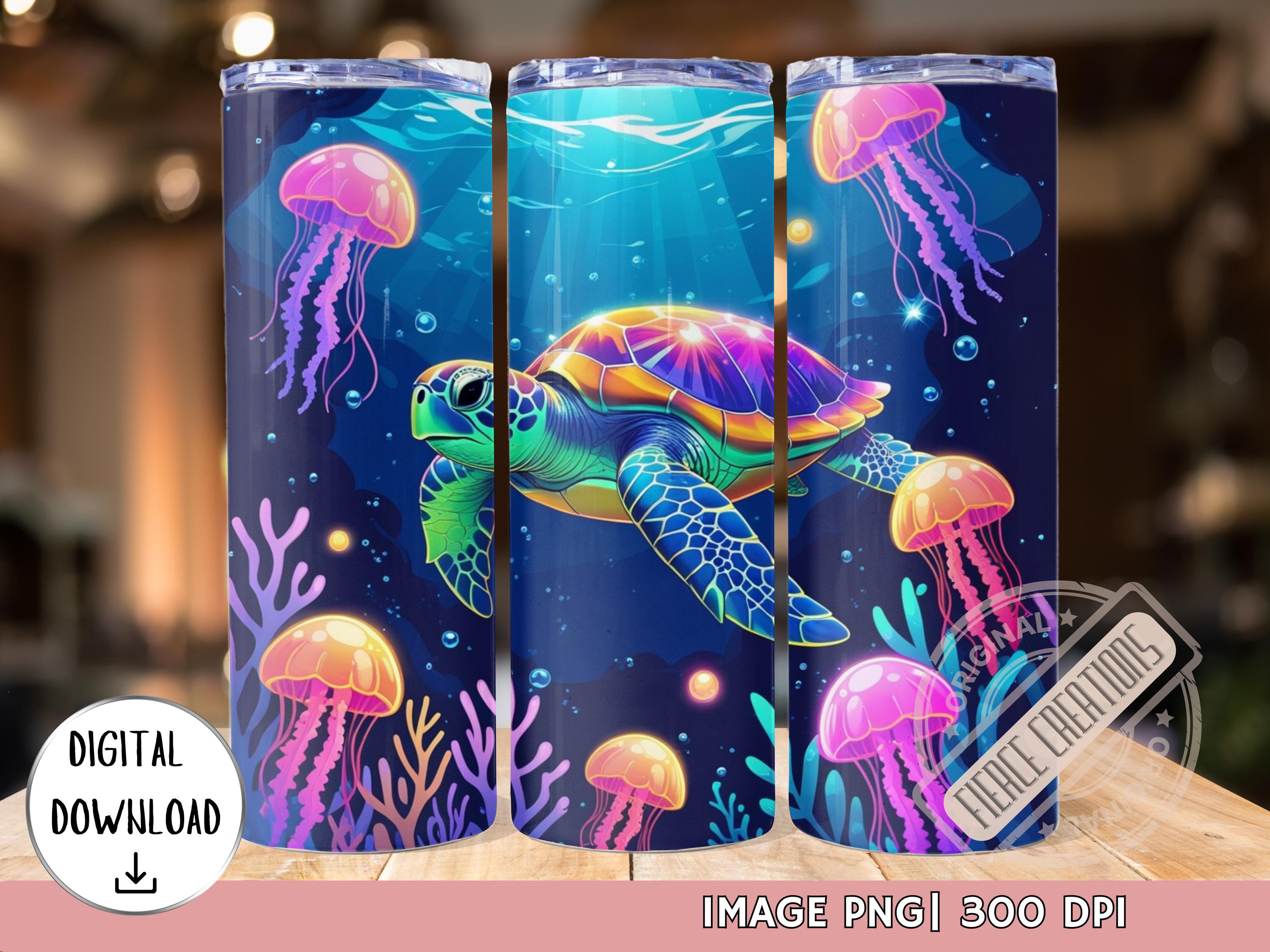 Neon Sea Turtle Tumbler Wrap PNG | 20 oz Sublimation Design with Jellyfish & Coral | Glowing Ocean Cup Art | Seamless