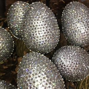 May include: Close-up of several silver, egg-shaped ornaments covered in sparkling rhinestones. The ornaments are arranged among pine cones and dried plant material, creating a festive display.