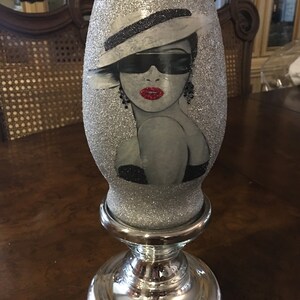Glam Stylish Glass Vase, Home Decor, Sexy Lady in Hat, Gift, Flower Vase, Sparkly, Gilitter