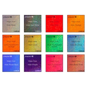 May include: Twelve small squares of holographic paper in various colors, including silver, gold, red, orange, green, blue, purple, and pink. Each square has the text "Magic Hoax" and "Holo" followed by the color name.