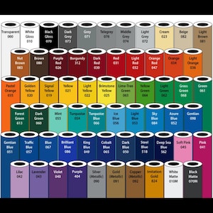 May include: A color chart with 100 different colors of thread, arranged in rows and columns. Each color is labeled with a number and a name, such as "Transparent", "White Gloss", "Black Gloss", "Dark Grey", "Grey", "Telegrey", "Middle Grey", "Light Grey", "Cream", "Beige", "Light Brown", "Nut Brown", "Brown", "Purple", "Burgundy", "Dark Red", "Red", "Light Red", "Orange", "Orange", "Light Orange", "Pastel Orange", "Golden Yellow", "Signal Yellow", "Yellow", "Light Yellow", "Brimstone Yellow", "Lime-Tree Green", "Yellow Green", "Light Green", "Grass Green", "Green", "Forest Green", "Dark Green", "Mint", "Turquoise", "Turquoise Blue", "Ice Blue", "Light Blue", "Sky Blue", "Azure Blue", "Gentian Blue", "Gentian Blue", "Traffic Blue", "Blue", "Brilliant Blue", "King Blue", "Cobalt Blue", "Dark Blue", "Steel Blue", "Deep Sea Blue", "Soft Pink", "Pink", "Lilac", "Lavender", "Violet", "Purple", "Silver (Metallic)", "Gold (Metallic)", "Copper (Metallic)", "Imitation Gold", "White Matte", "Black Matte".
