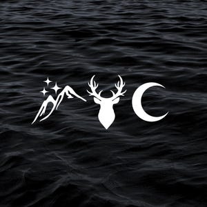 May include: A white silhouette of a mountain range with stars above it, a deer head, and a crescent moon on a black background.