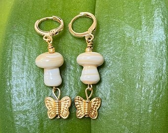 Handmade Glass Button Mushroom with 18k Gold plated Butterflies, Dangle earrings , Fairy , Fairycore
