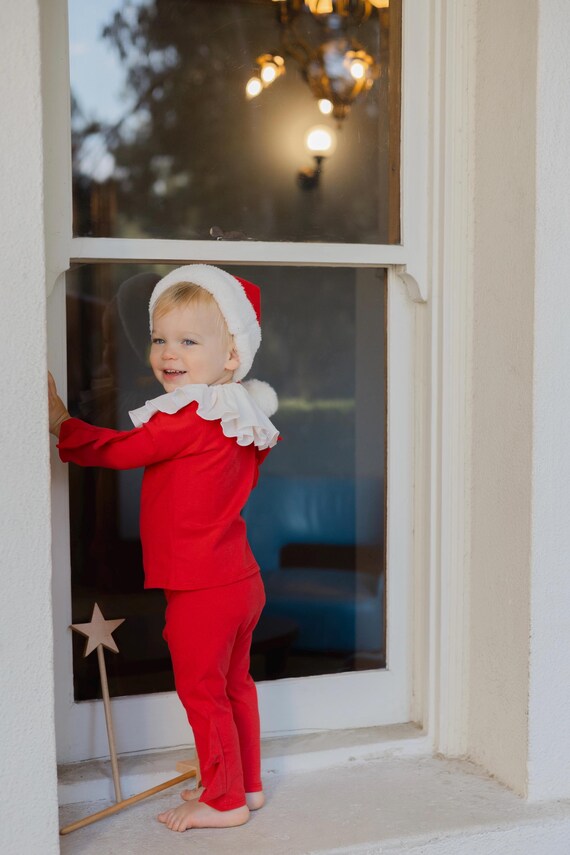 Baby Elf Costume: Red Santa Hat, Ruffle Collar, Holiday Photo