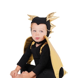 Fantasia de dragão preto com asas douradas, fantasias de algodão para bebês e crianças, fantasia de dinossauro preto, fantasia ecológica