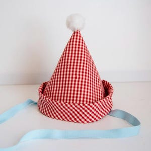 Può includere: Un cappello da festa a quadretti rossi e bianchi con un pompon bianco in cima. Il cappello ha un nastro azzurro chiaro attaccato alla base. È un accessorio festivo.