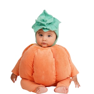 May include: A baby wearing an orange pumpkin costume with a matching hat. The costume is made of soft, plush material. The hat is green and shaped like a leaf. The baby is sitting and looking at the camera.