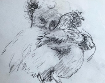 Vintage 1980s Expressive Pencil Sketch Figurative Study - Child & Hen / Chicken