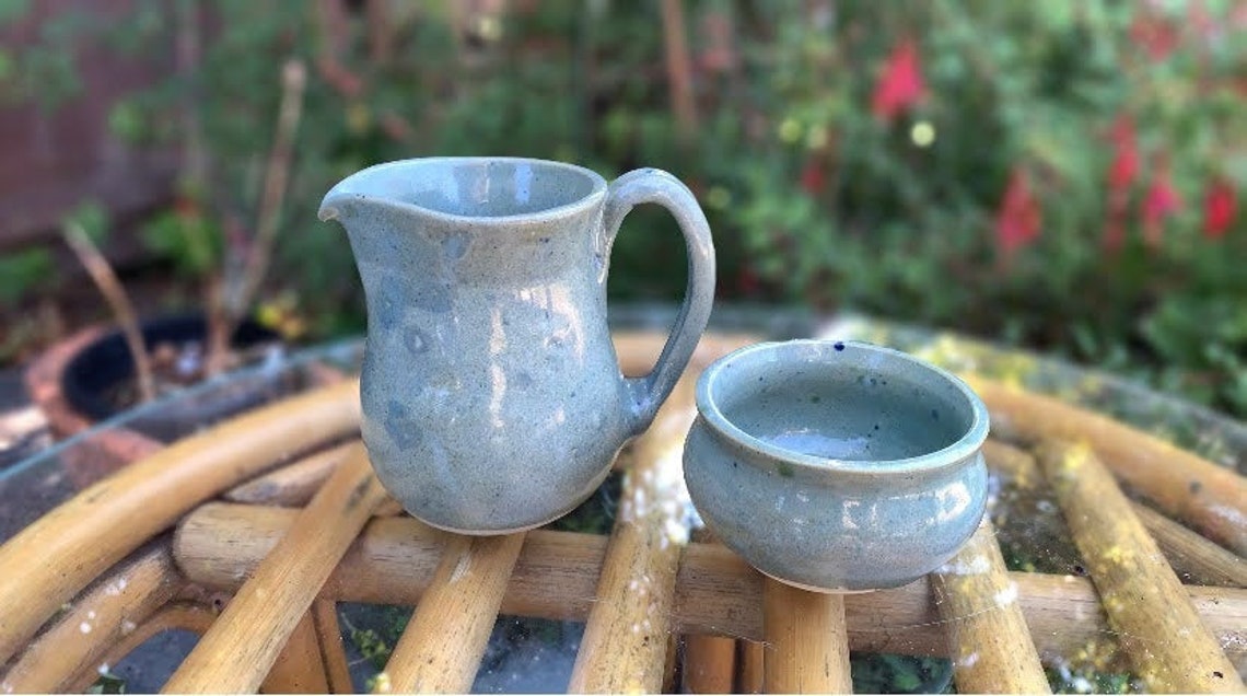 Signed Burns pottery blue cream and sugar set Salt Spring Etsy