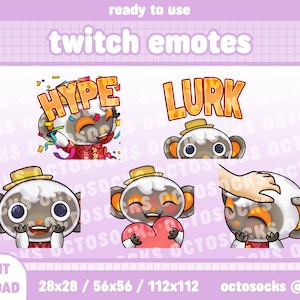 Pode incluir: Um conjunto de emotes do Twitch com um personagem de desenho animado com um rosto branco e cinza, orelhas laranja e um chapéu amarelo. Os emotes exibem várias expressões e texto como "HYPE" e "LURK".