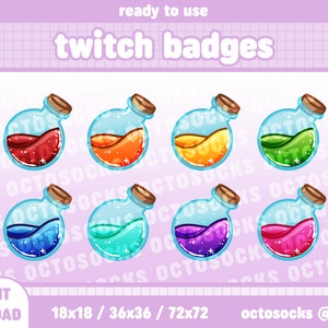 May include: Set of eight colorful potion bottle Twitch badges in various sizes, including 18x18, 36x36, and 72x72 pixels. The bottles are filled with different colored liquids and have cork stoppers.