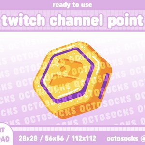 May include: A yellow hexagonal Twitch channel point with a purple outline and a white interior. The point has a glittery texture and the Twitch logo is visible inside.