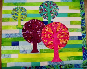 Art Quilt – Electric Forest Lollipop Trees, 26" x 23" Wall Hanging