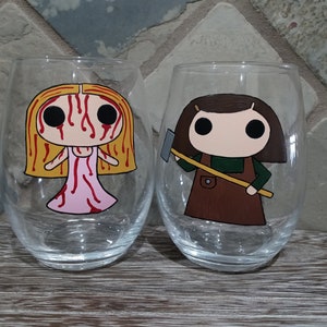 Hand Painted Stephen King Character Wine Glasses. Carrie White & Annie Wilkes