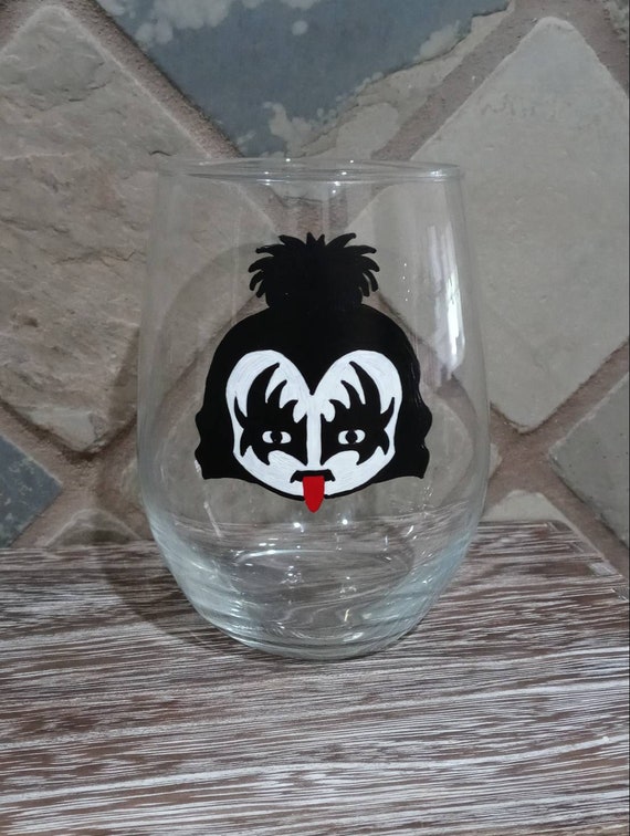 Hand Painted KISS Wine Glasses/whiskey Glasses/pint Glasses. Set of 4. Gene  Simmons / Paul Stanley / Peter Criss / Ace Frehley 