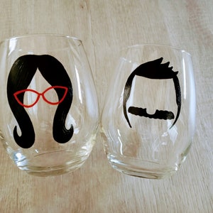 Hand Painted Bob&#39;s Burgers Bob and Linda Belcher Couples Wine Glasses. Perfect Anniversary Gift / Perfect Wedding Gift